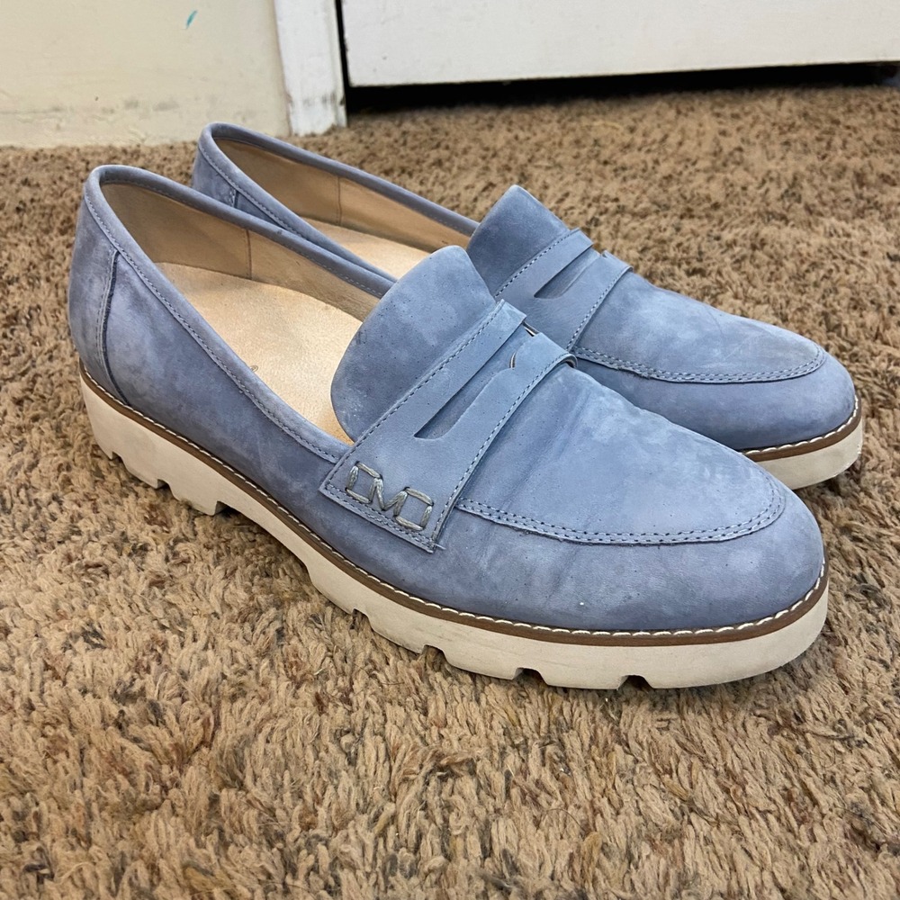 Vionic Willa Blue Suede Penny Loafers Lug Sole Orthotic Flats Womens READ